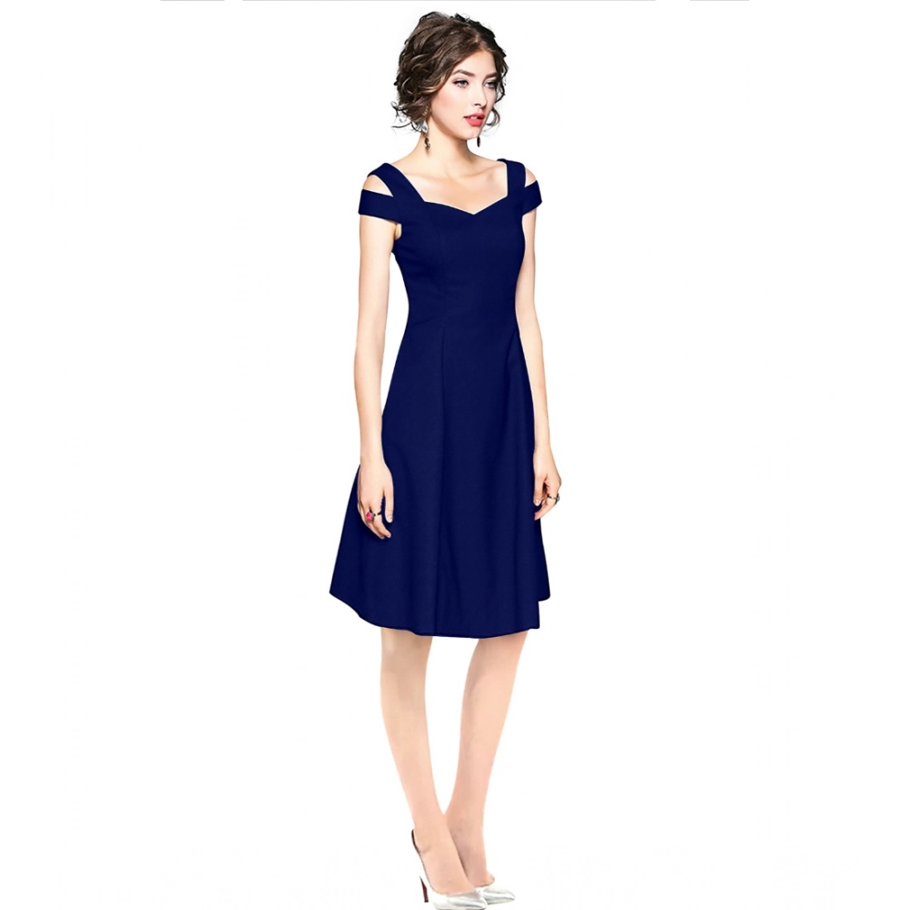 Women's Polyester Solid V Neck Cap Sleeve off Shoulder Dress (Blue) - Image 4