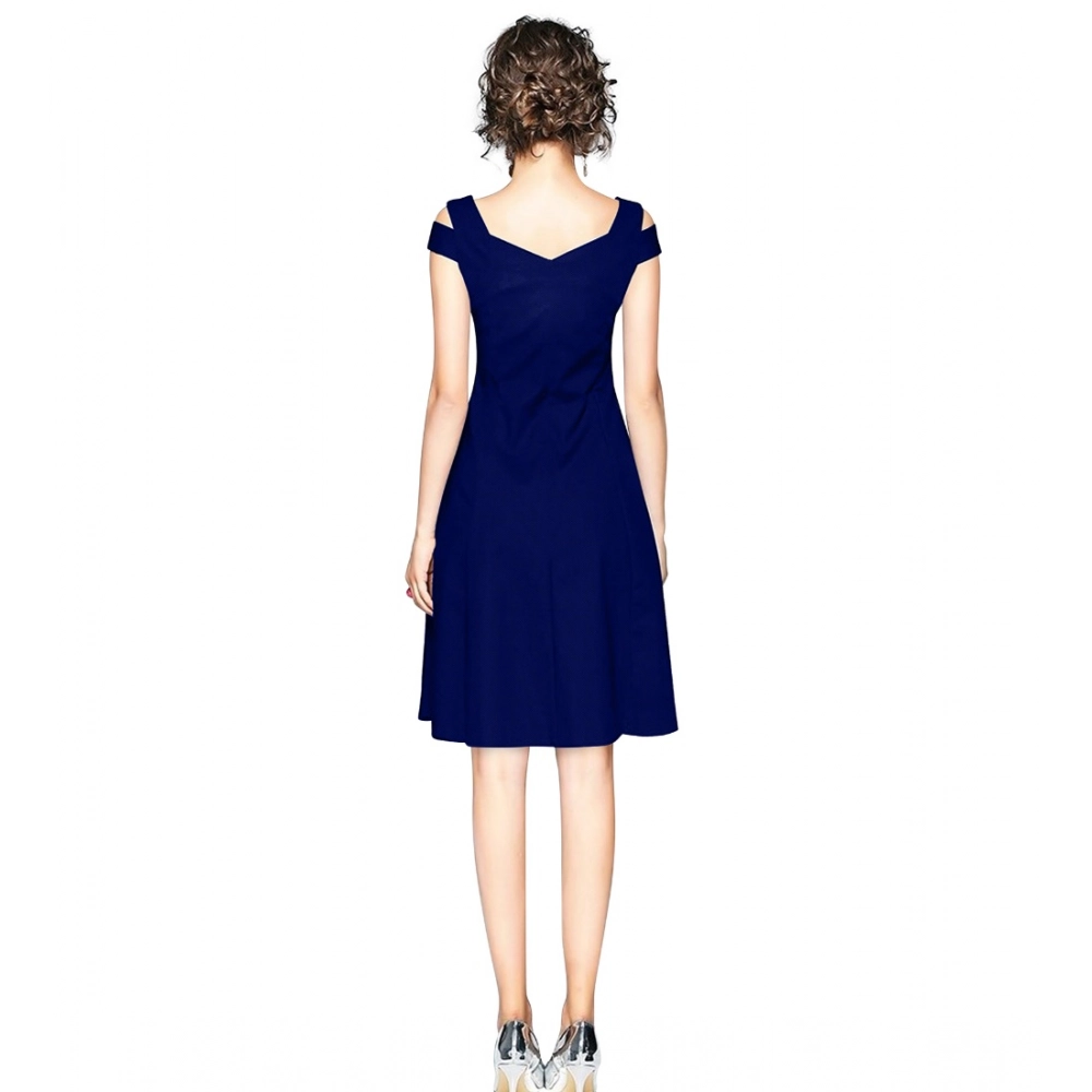 Women's Polyester Solid V Neck Cap Sleeve off Shoulder Dress (Blue) - Image 5