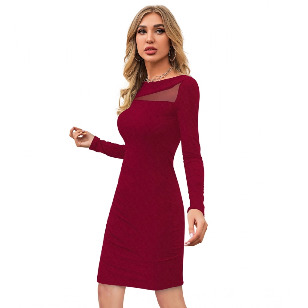 Women's Knitting stretchable Solid Round Neck Full Sleeve Dress (Maroon) - Image 2