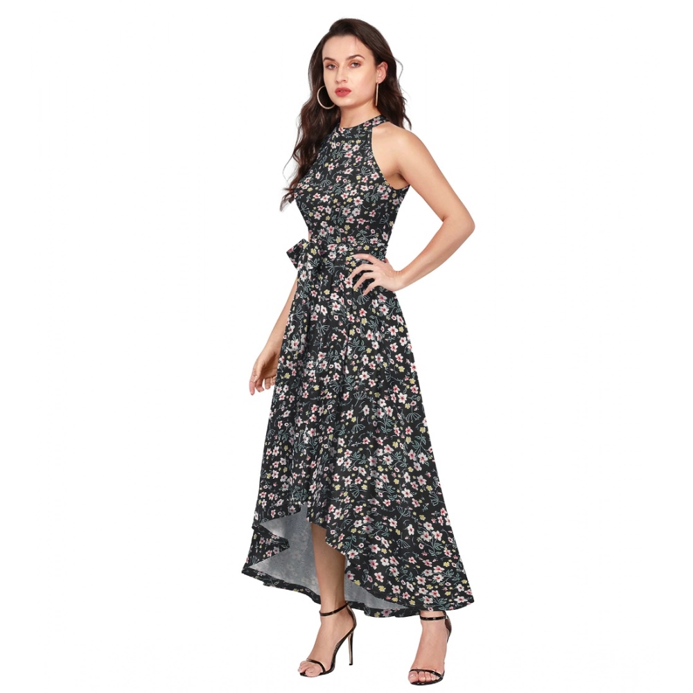 Women's Polyester Printed Halter Neck Sleeveless Dress (Black) - Image 2