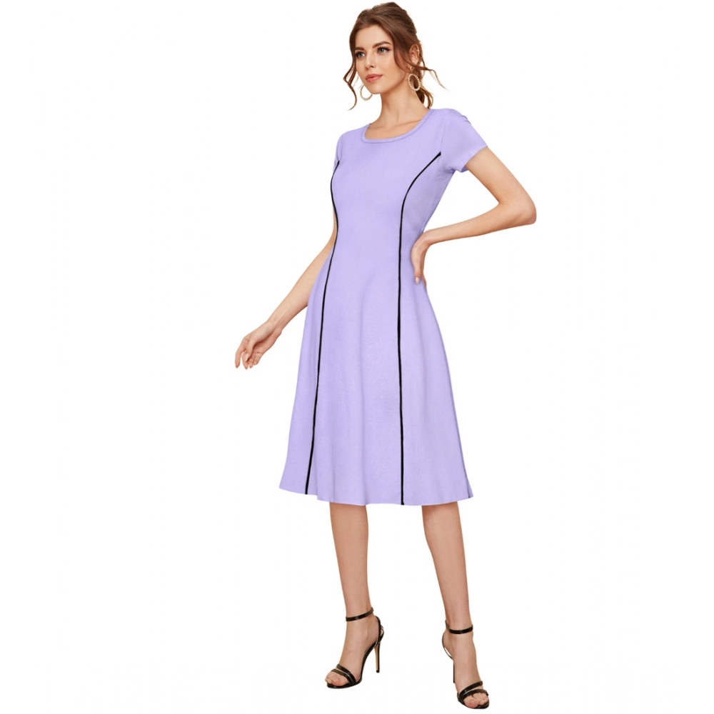 Women's Knitting stretchable Solid Round Neck Cap Sleeve Dress (Purple) - Image 2
