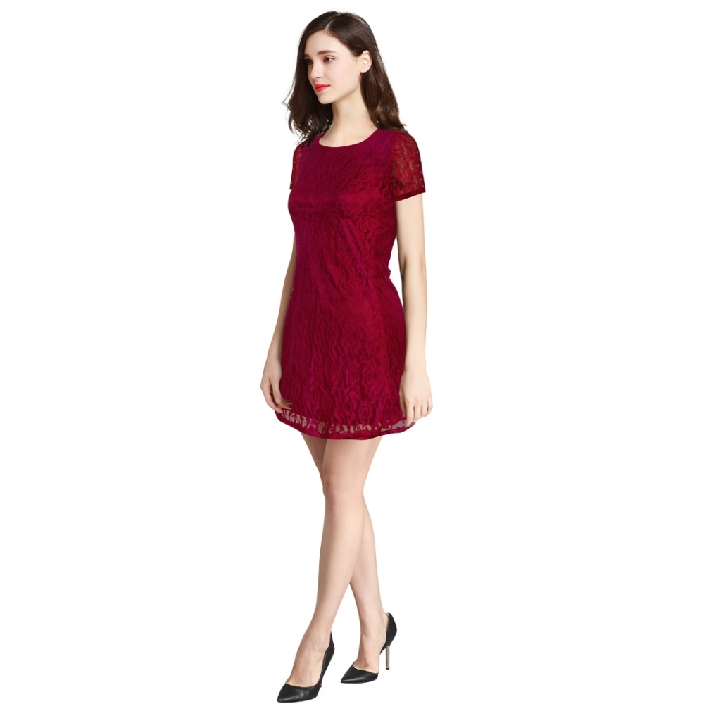 Women's Rasal Solid Round Neck Cap Sleeve Dress (Maroon) - Image 2