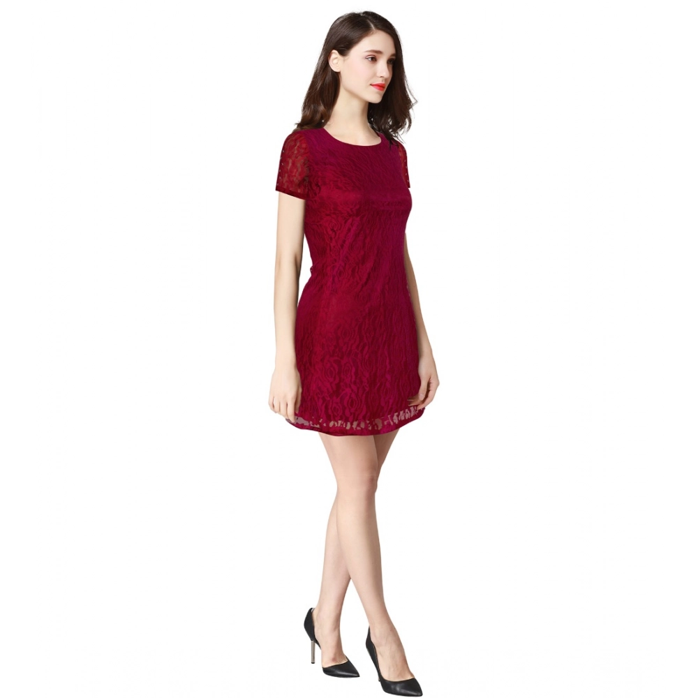 Women's Rasal Solid Round Neck Cap Sleeve Dress (Maroon) - Image 4