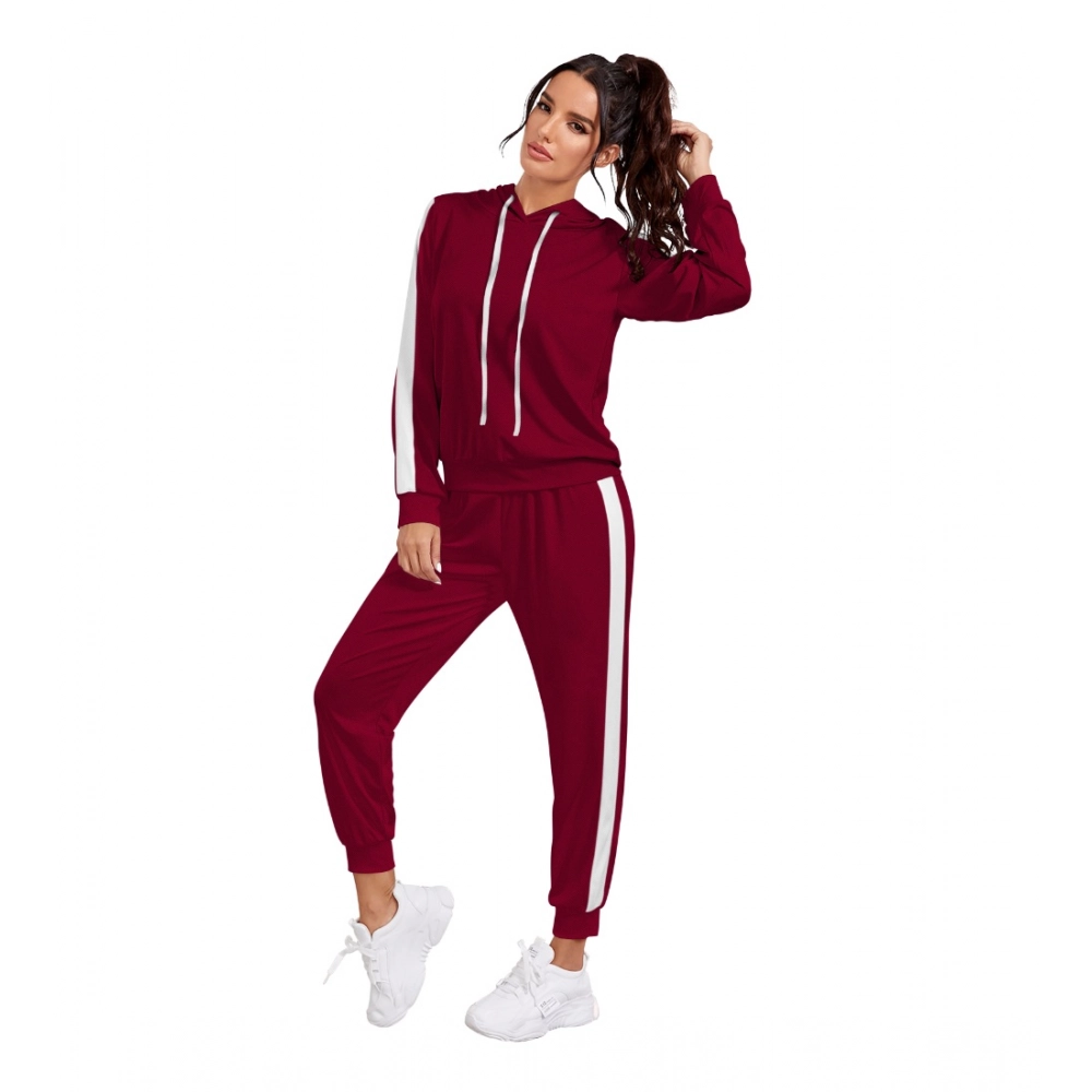 Women's Knitting stretchable Solid Hooded Neck Full Sleeve Track Suit (Maroon) - Image 2