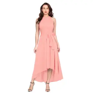 Women's Polyster Solid Halter Neck Sleeveless Dress (Peach)