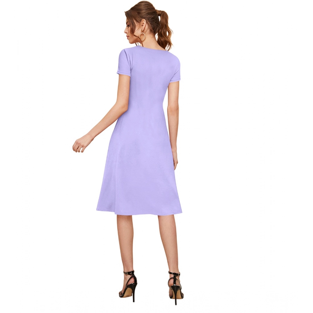 Women's Knitting stretchable Solid Round Neck Cap Sleeve Dress (Purple) - Image 5