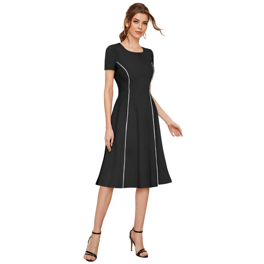 Women's Knitting stretchable Solid Round Neck Cap Sleeve Dress (Black) - Image 4