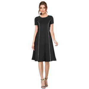 Women's Knitting stretchable Solid Round Neck Cap Sleeve Dress (Black)