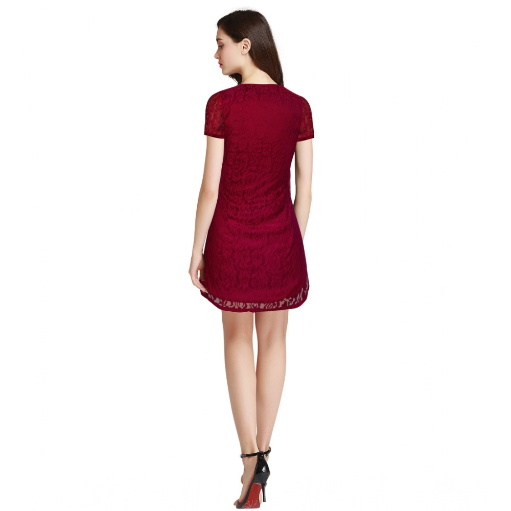 Women's Rasal Solid Round Neck Cap Sleeve Dress (Maroon) - Image 5