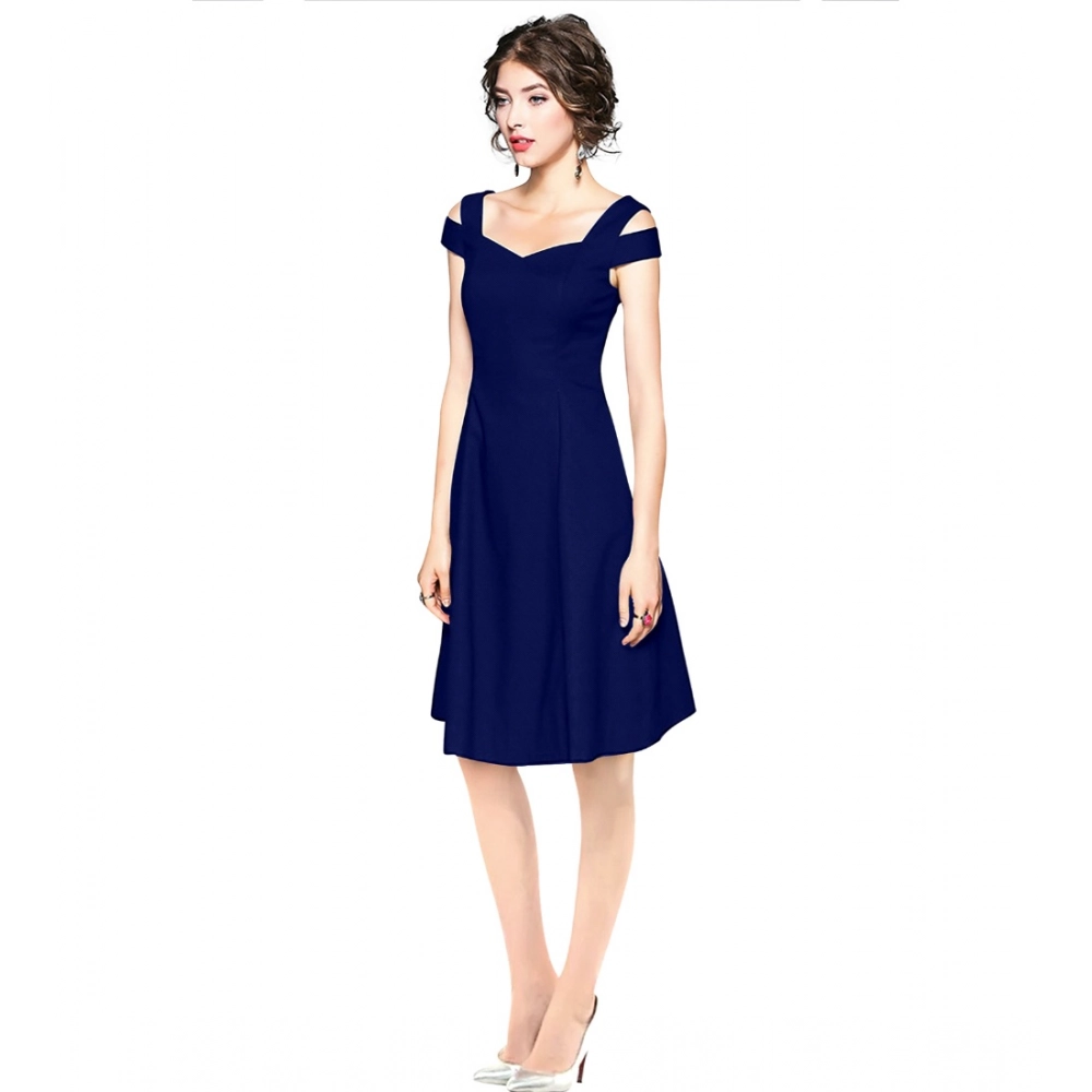 Women's Polyester Solid V Neck Cap Sleeve off Shoulder Dress (Blue) - Image 2