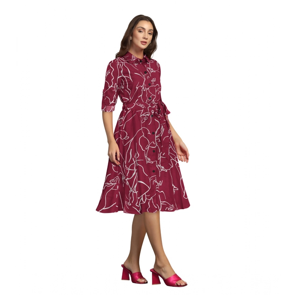 Women's Ruby Cotton Printed Shirt Collar 3-4th Sleeve Dress (Maroon) - Image 4