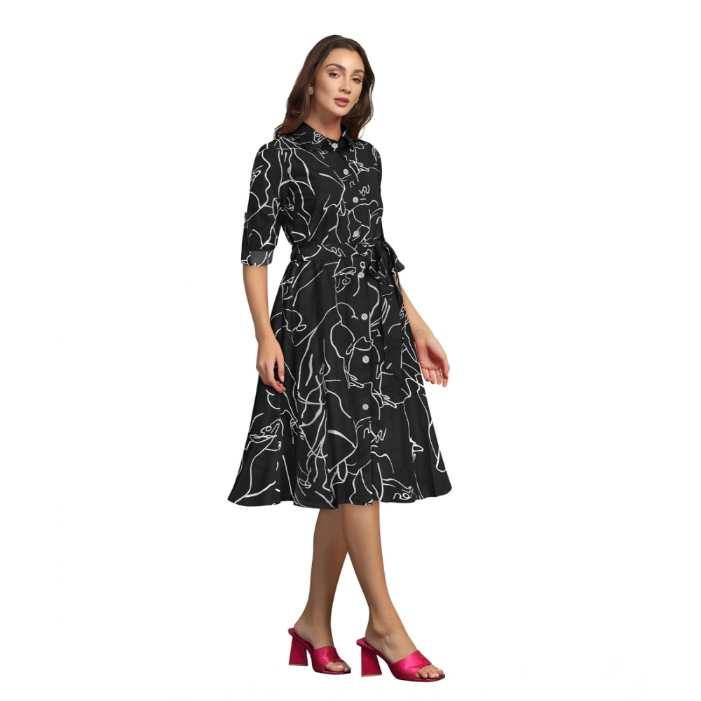 Women's Ruby Cotton Printed Shirt Collar 3-4th Sleeve Dress (Black) - Image 4