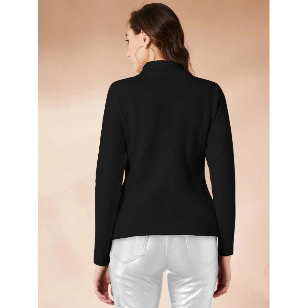 Women's Polyester Solid High Neck Full Sleeve T-Shirt (Black) - Image 5