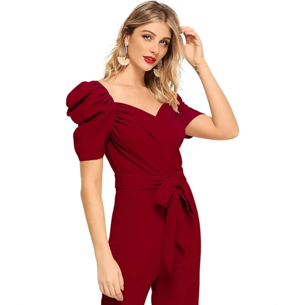 Women's Polyester Solid Sweet Heart Short Sleeve Jumpsuit (Maroon) - Image 2