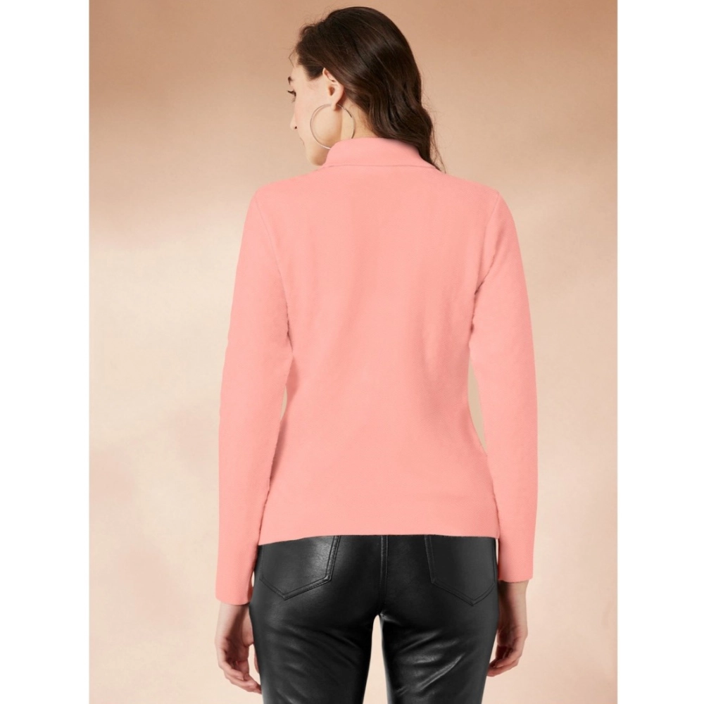 Women's Polyester Solid High Neck Full Sleeve T-Shirt (Peach) - Image 5