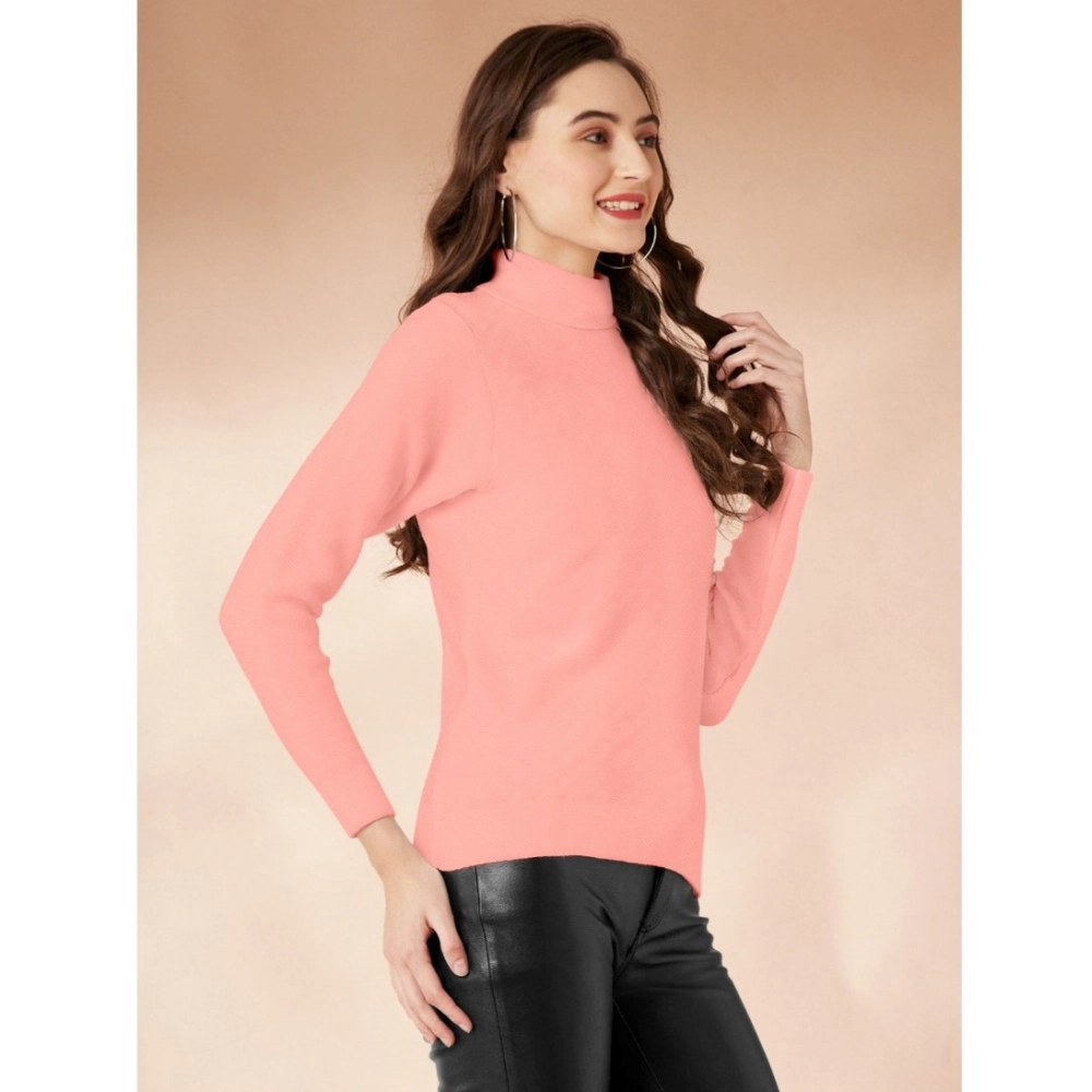 Women's Polyester Solid High Neck Full Sleeve T-Shirt (Peach) - Image 2