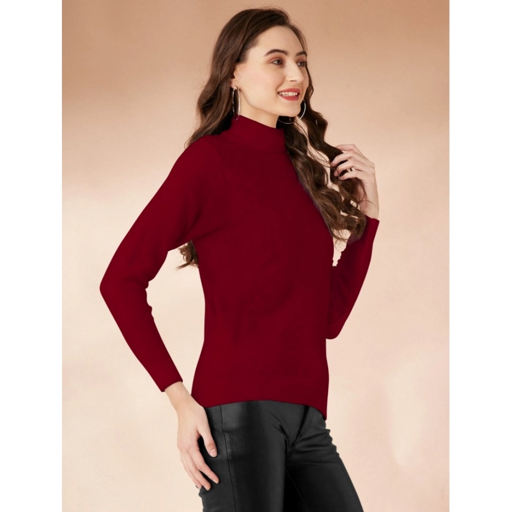 Women's Polyester Solid High Neck Full Sleeve T-Shirt (Maroon) - Image 2