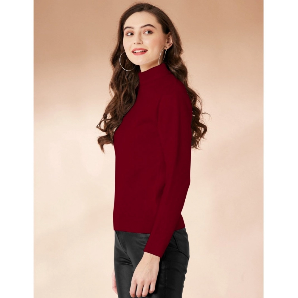 Women's Polyester Solid High Neck Full Sleeve T-Shirt (Maroon) - Image 4