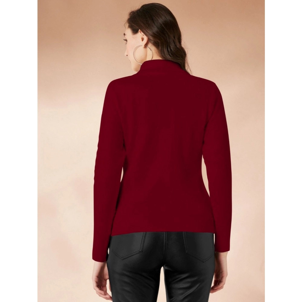 Women's Polyester Solid High Neck Full Sleeve T-Shirt (Maroon) - Image 5