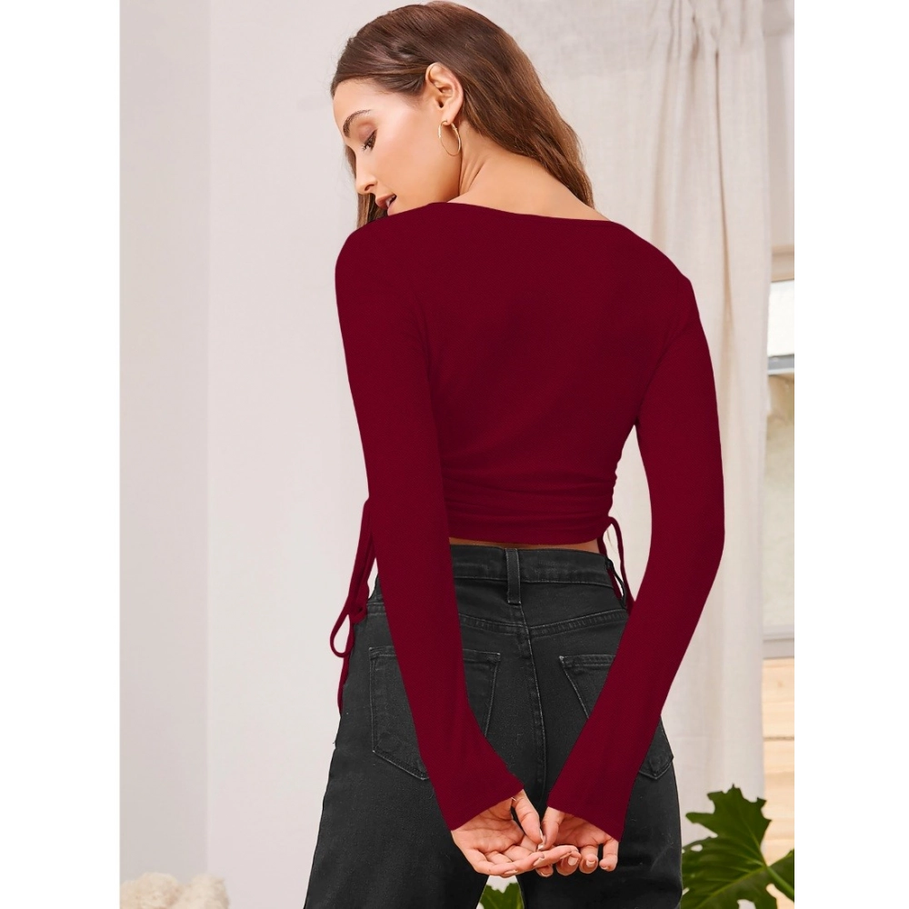 Women's Polyester Solid Round Neck Full Sleeve Top (Maroon) - Image 5
