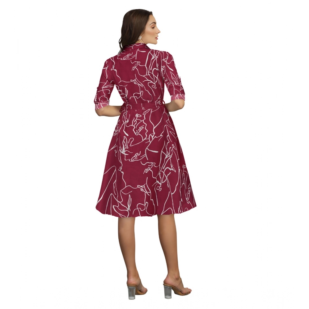 Women's Ruby Cotton Printed Shirt Collar 3-4th Sleeve Dress (Maroon) - Image 5