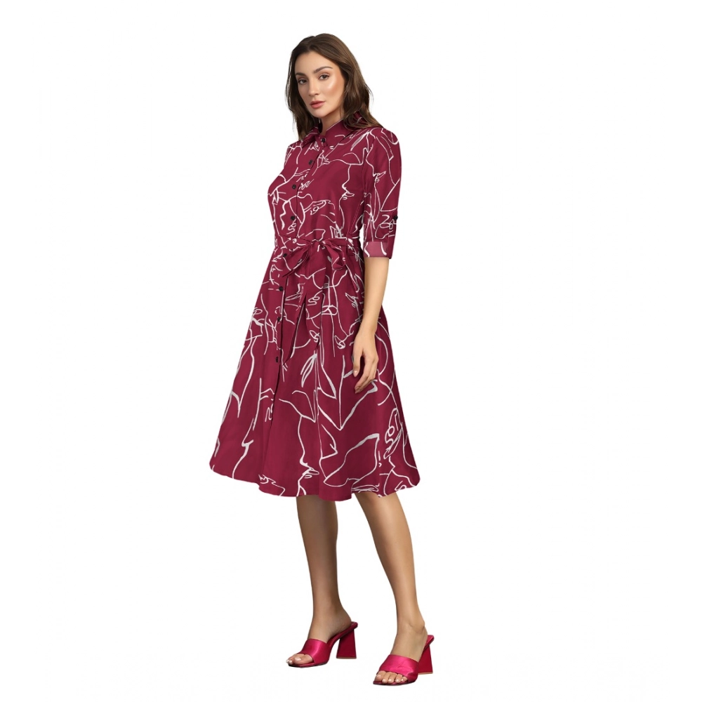 Women's Ruby Cotton Printed Shirt Collar 3-4th Sleeve Dress (Maroon) - Image 2
