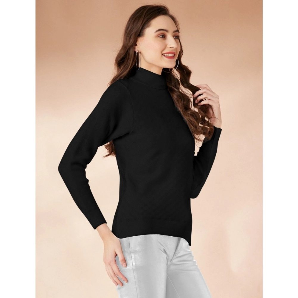 Women's Polyester Solid High Neck Full Sleeve T-Shirt (Black) - Image 2