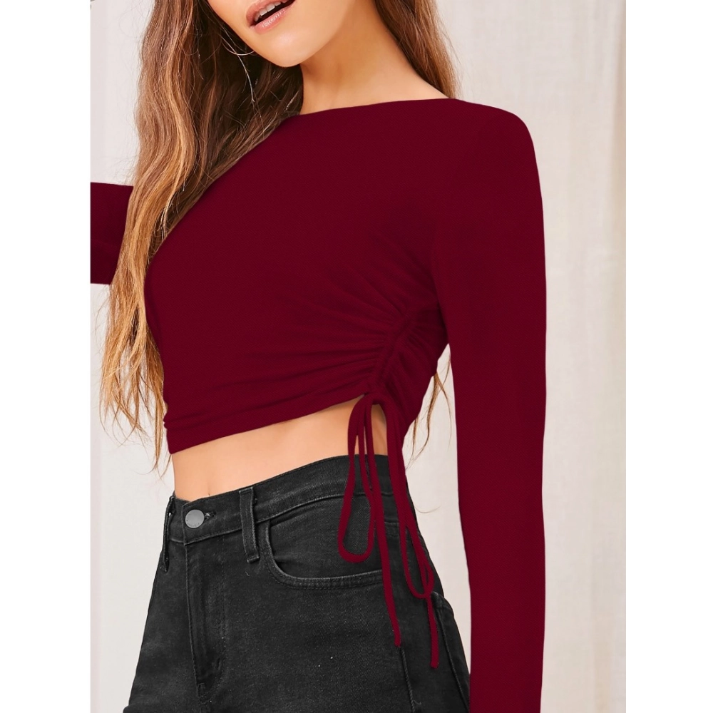 Women's Polyester Solid Round Neck Full Sleeve Top (Maroon) - Image 2