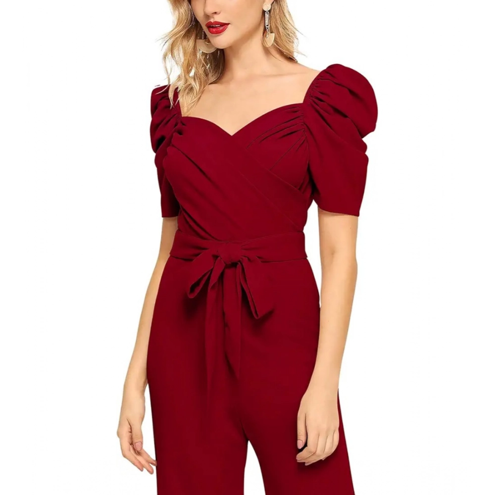 Women's Polyester Solid Sweet Heart Short Sleeve Jumpsuit (Maroon) - Image 4