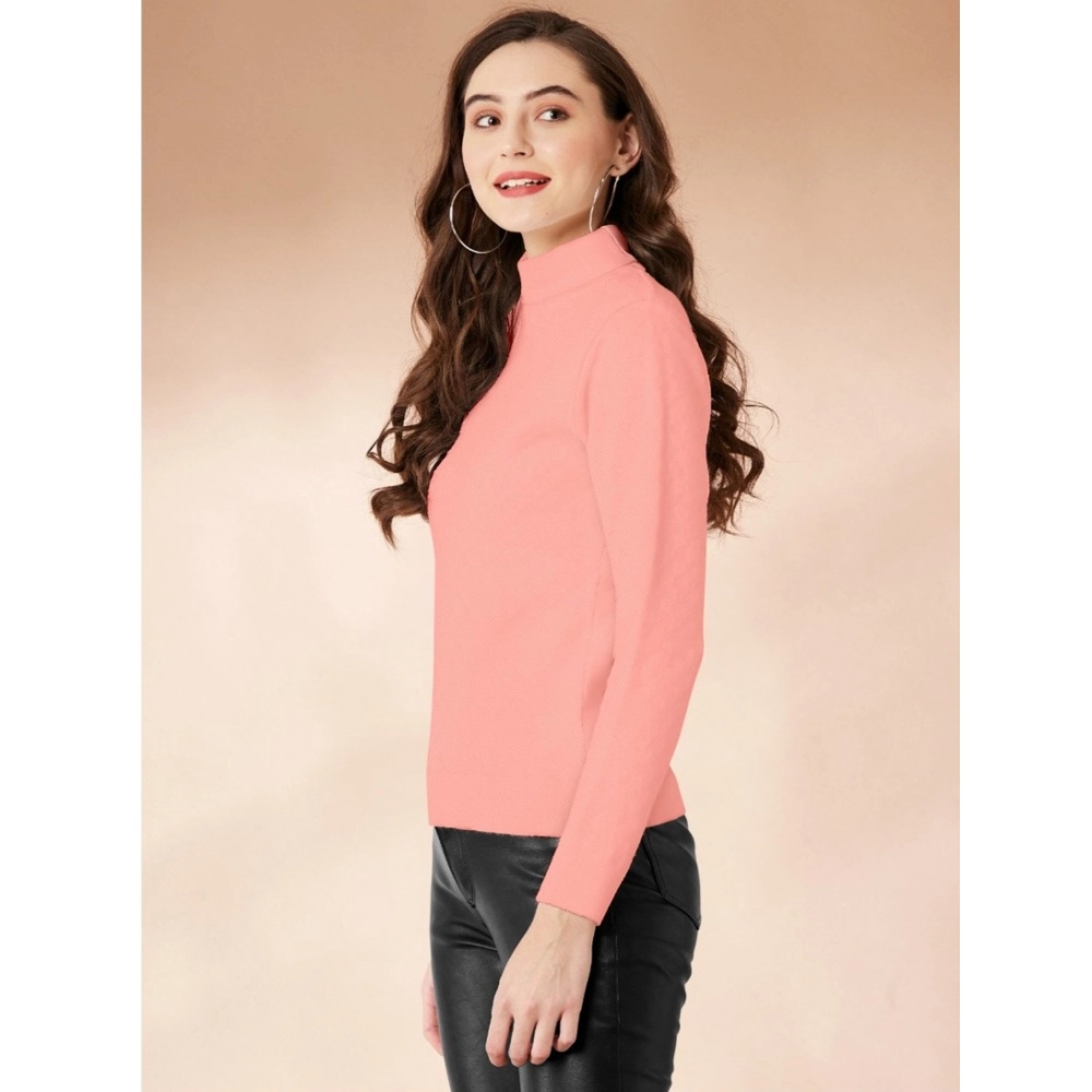Women's Polyester Solid High Neck Full Sleeve T-Shirt (Peach) - Image 4