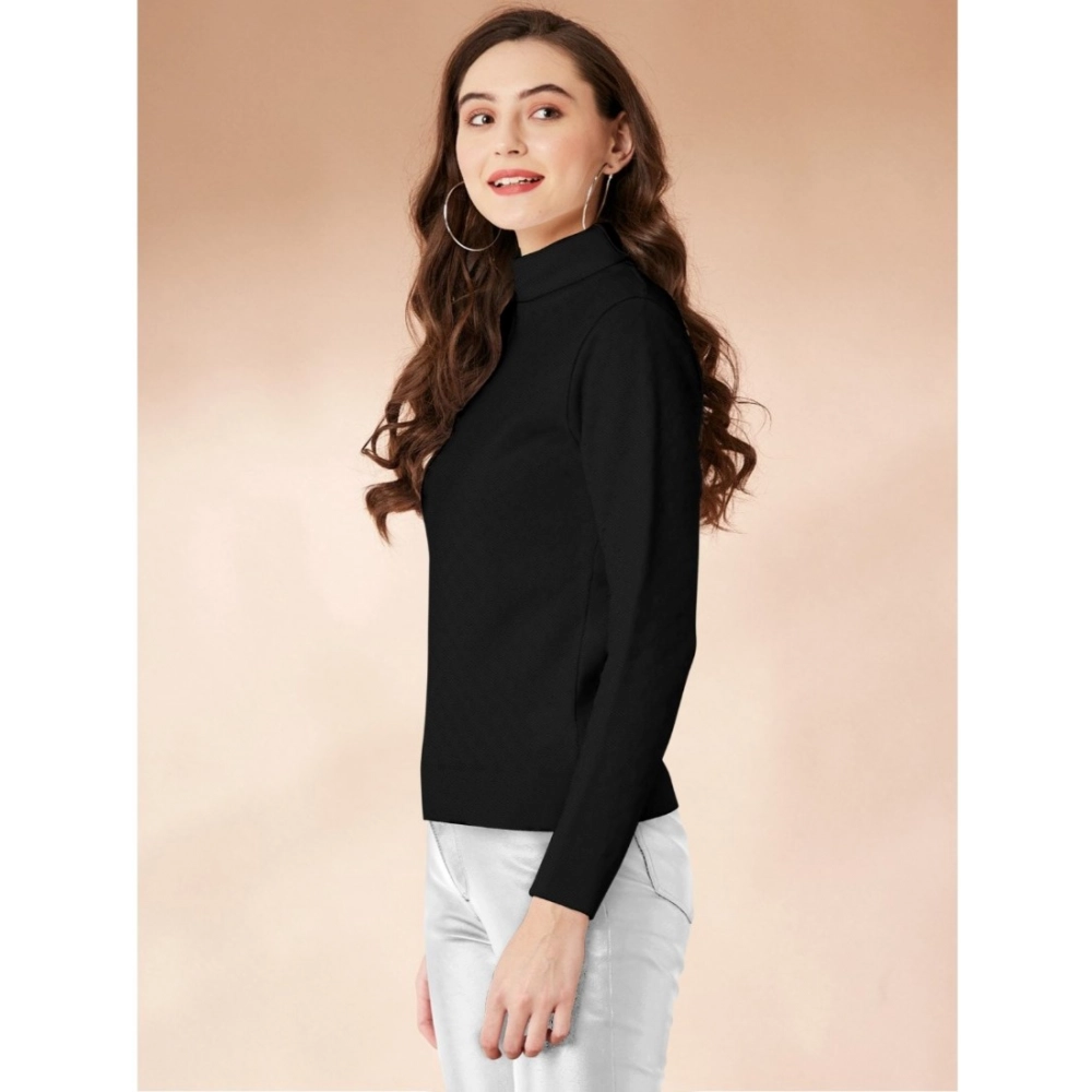 Women's Polyester Solid High Neck Full Sleeve T-Shirt (Black) - Image 4
