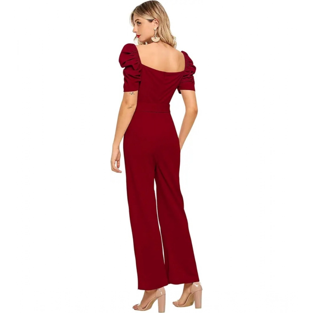 Women's Polyester Solid Sweet Heart Short Sleeve Jumpsuit (Maroon) - Image 5