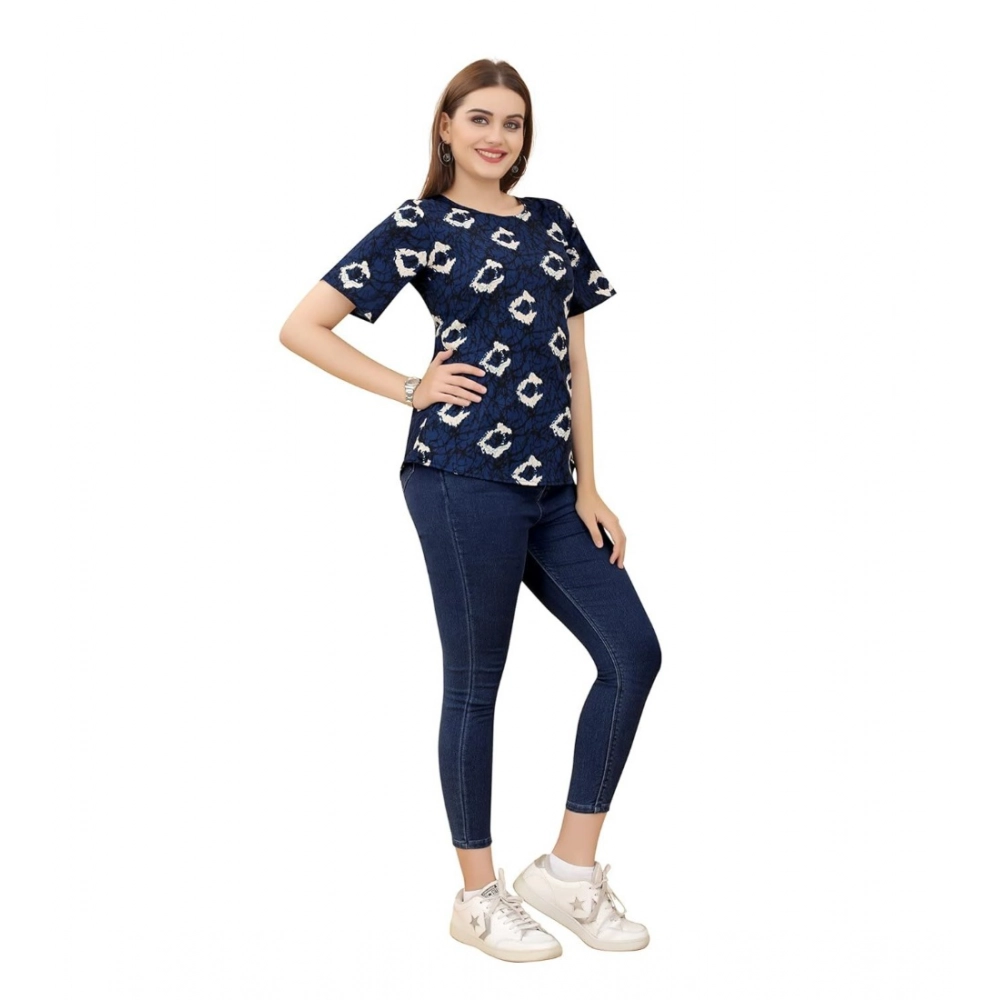 Women's Casual Rayon Short Sleeve Printed Round Neck Top (Blue) - Image 5