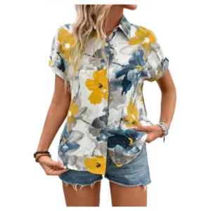 Women's Casual Rayon Short Sleeve Printed Collar Neck Shirt (Multicolor)