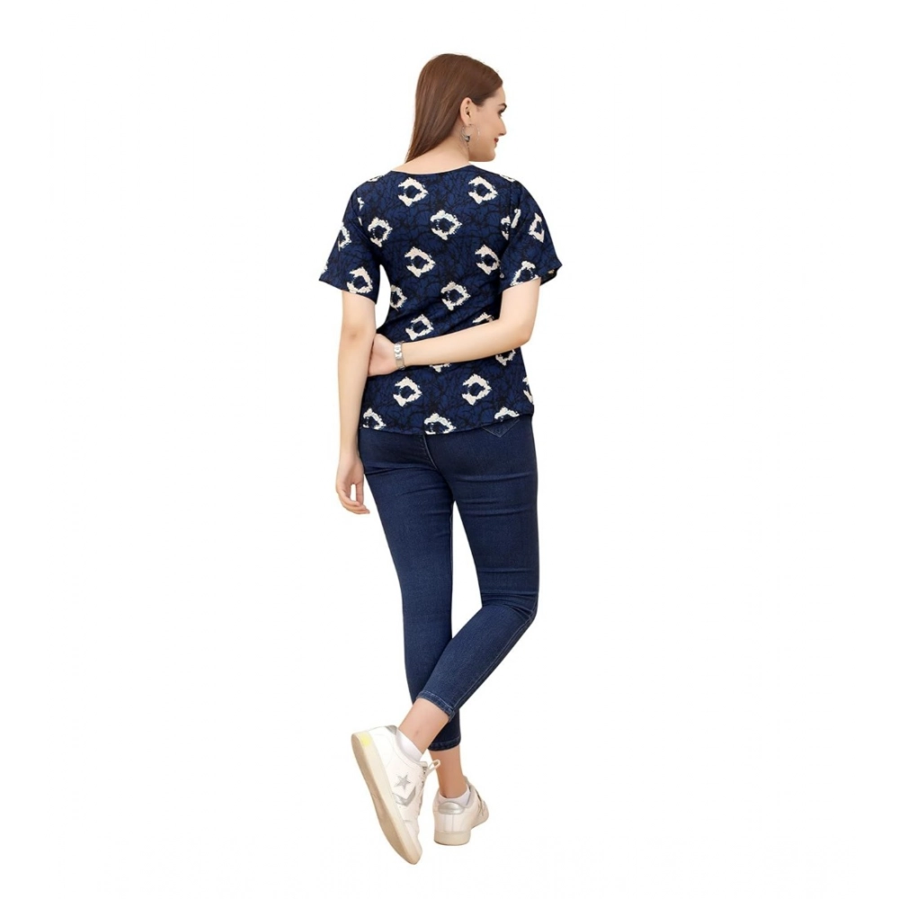 Women's Casual Rayon Short Sleeve Printed Round Neck Top (Blue) - Image 2