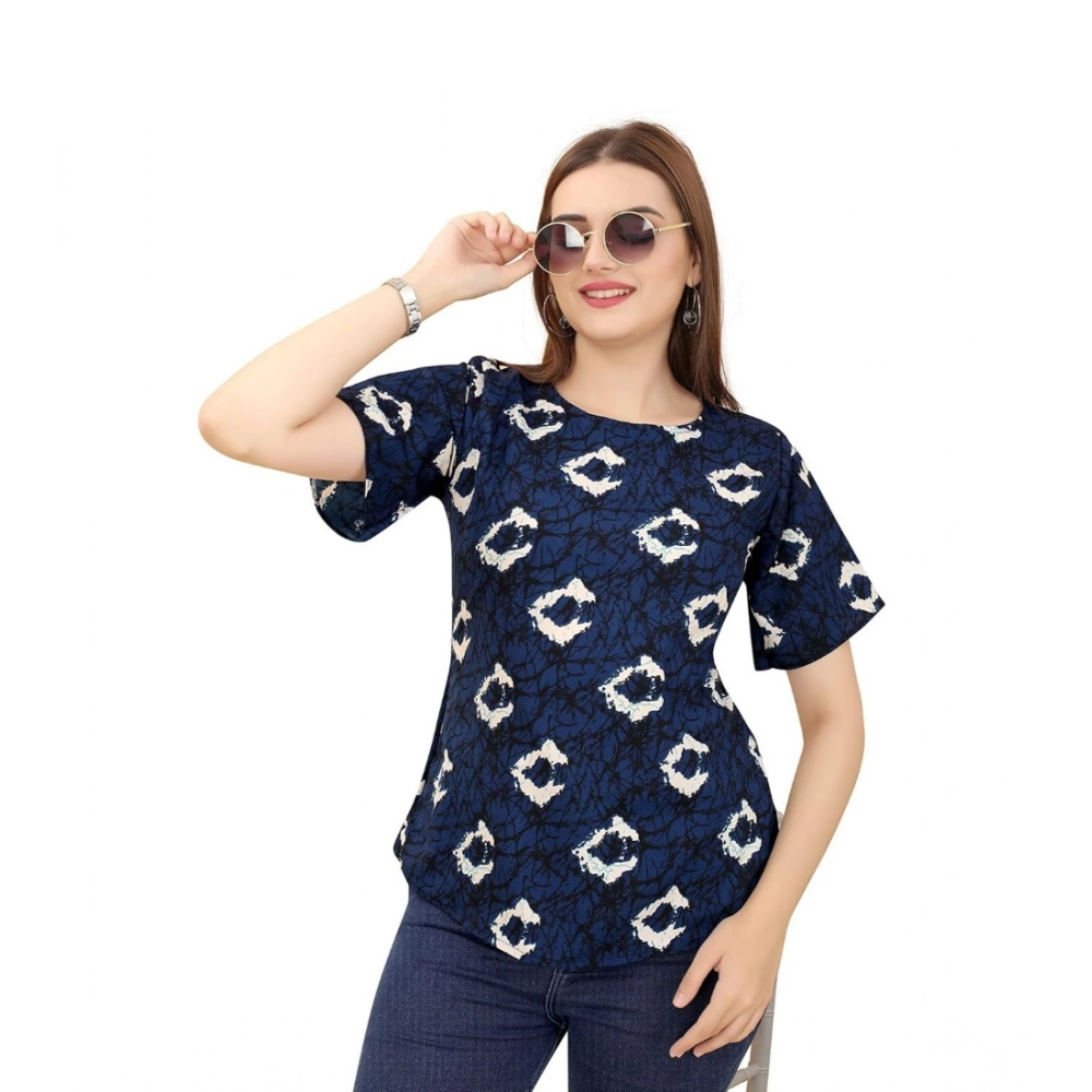 Women's Casual Rayon Short Sleeve Printed Round Neck Top (Blue) - Image 3