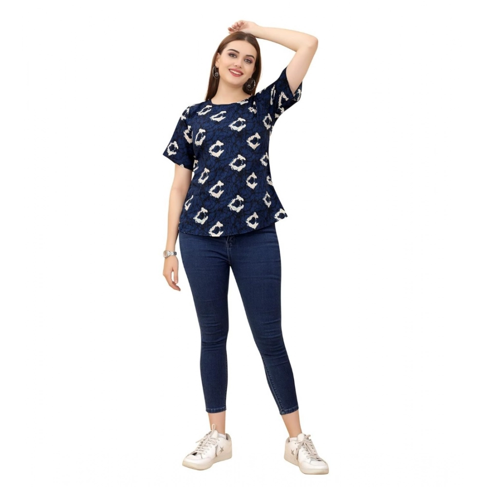 Women's Casual Rayon Short Sleeve Printed Round Neck Top (Blue)