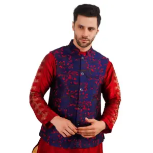 Men's Jacquard Self-Design Sleeveless Mandarin Neck Waistcoat (Blue-Red)