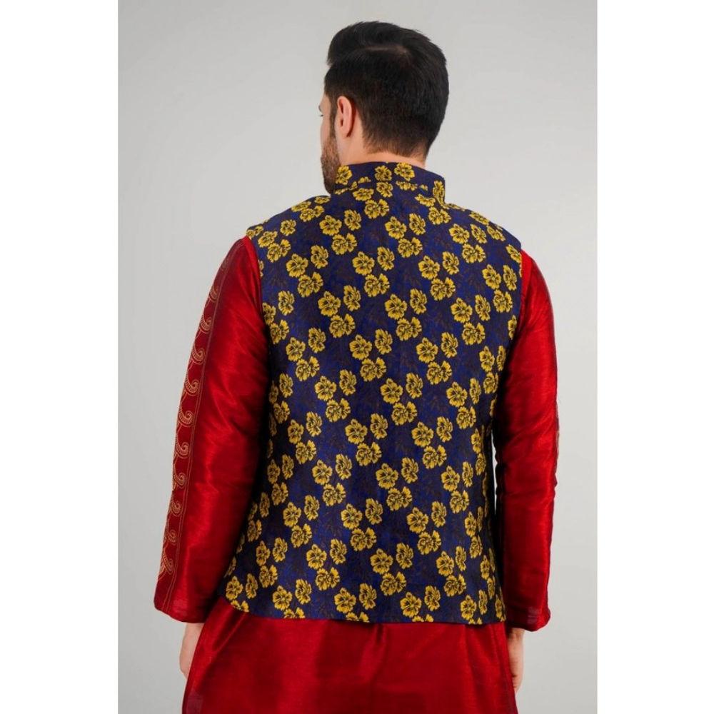 Men's Jacquard Self-Design Sleeveless Mandarin Neck Waistcoat (Blue-Gold) - Image 5