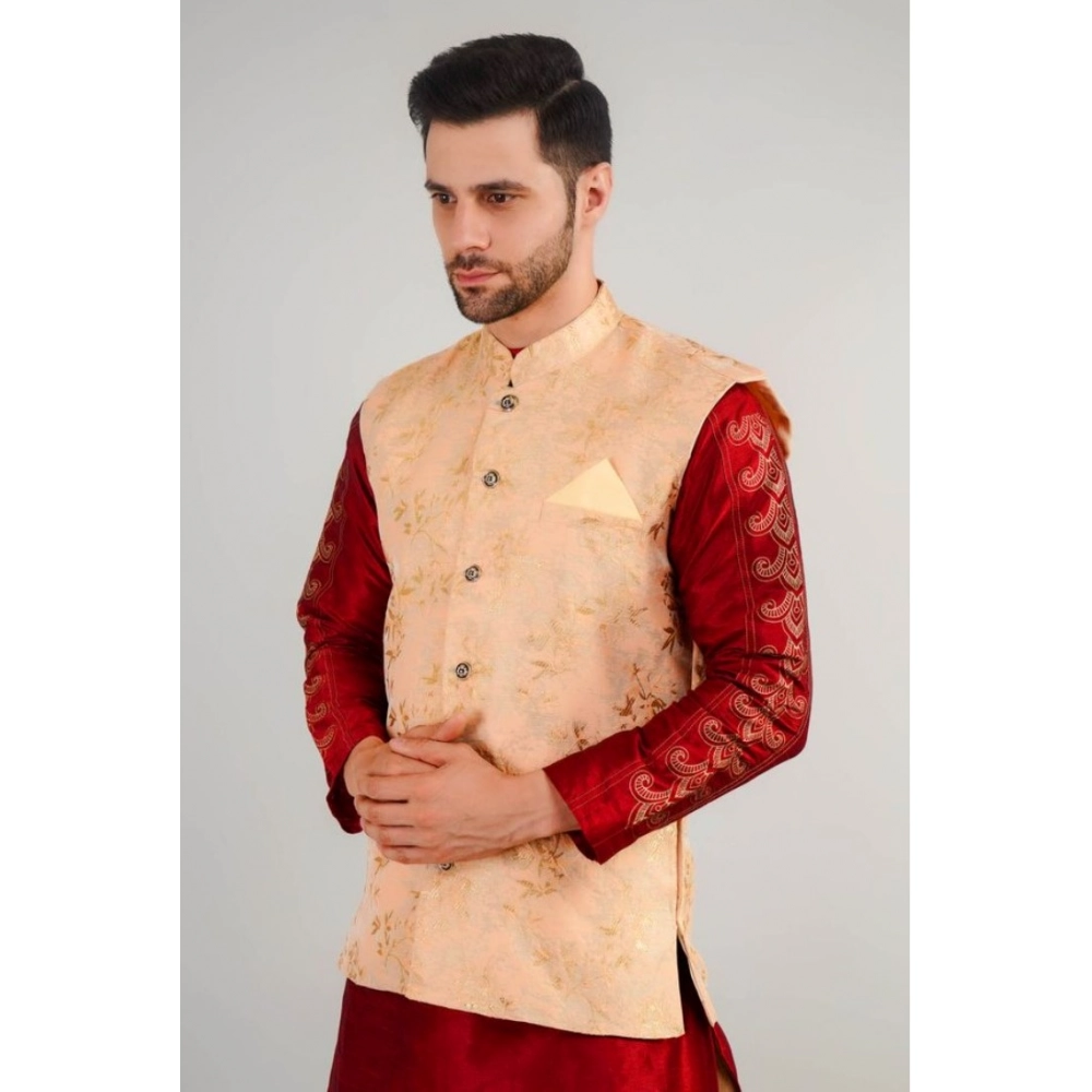 Men's Jacquard Self-Design Sleeveless Mandarin Neck Waistcoat (Beige) - Image 4