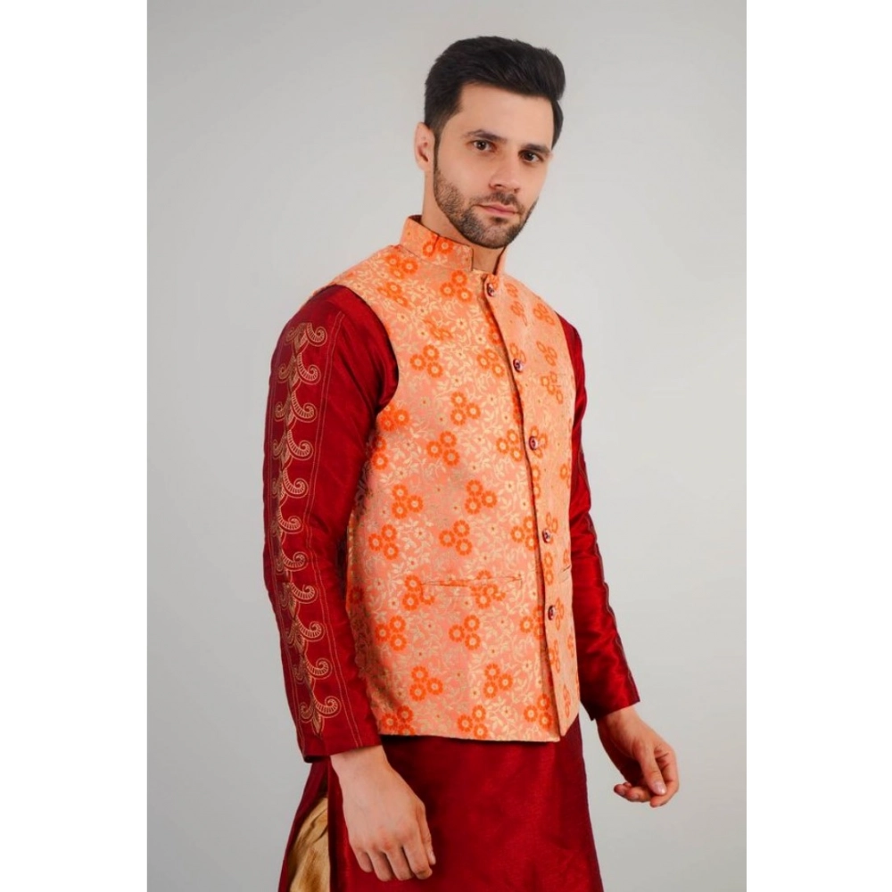 Men's Jacquard Self-Design Sleeveless Mandarin Neck Waistcoat (Orange) - Image 3