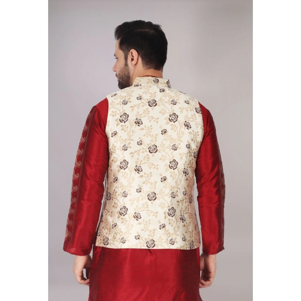 Men's Jacquard Self-Design Sleeveless Mandarin Neck Waistcoat (Cream) - Image 5