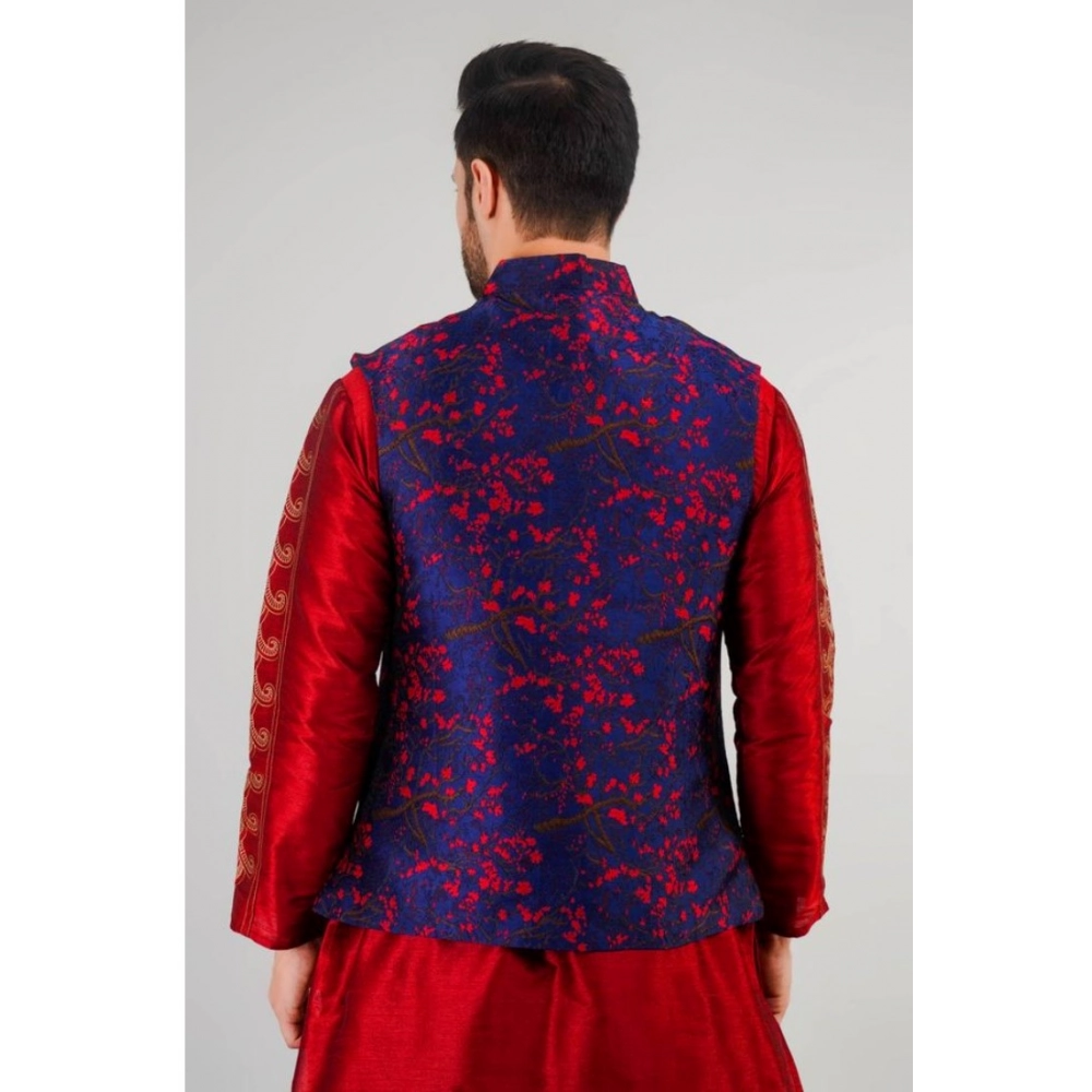 Men's Jacquard Self-Design Sleeveless Mandarin Neck Waistcoat (Blue-Red) - Image 5