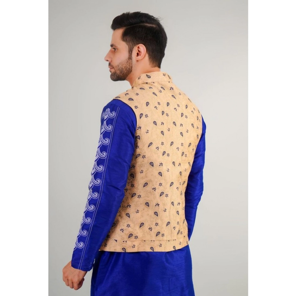 Men's Jacquard Self-Design Sleeveless Mandarin Neck Waistcoat (Beige) - Image 5