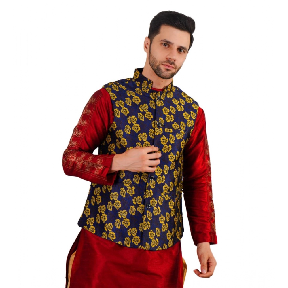 Men's Jacquard Self-Design Sleeveless Mandarin Neck Waistcoat (Blue-Gold)