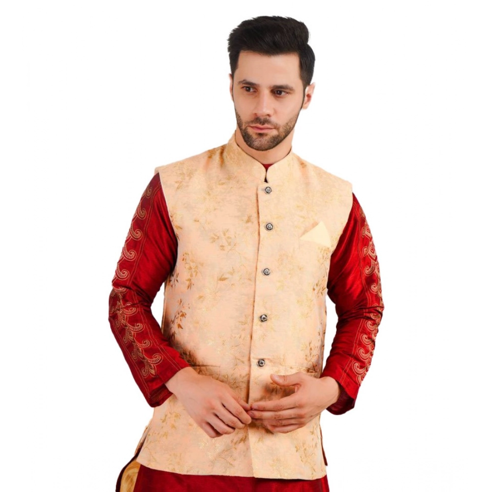 Men's Jacquard Self-Design Sleeveless Mandarin Neck Waistcoat (Beige)