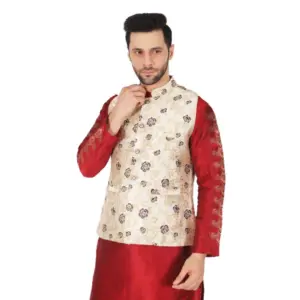 Men's Jacquard Self-Design Sleeveless Mandarin Neck Waistcoat (Cream)