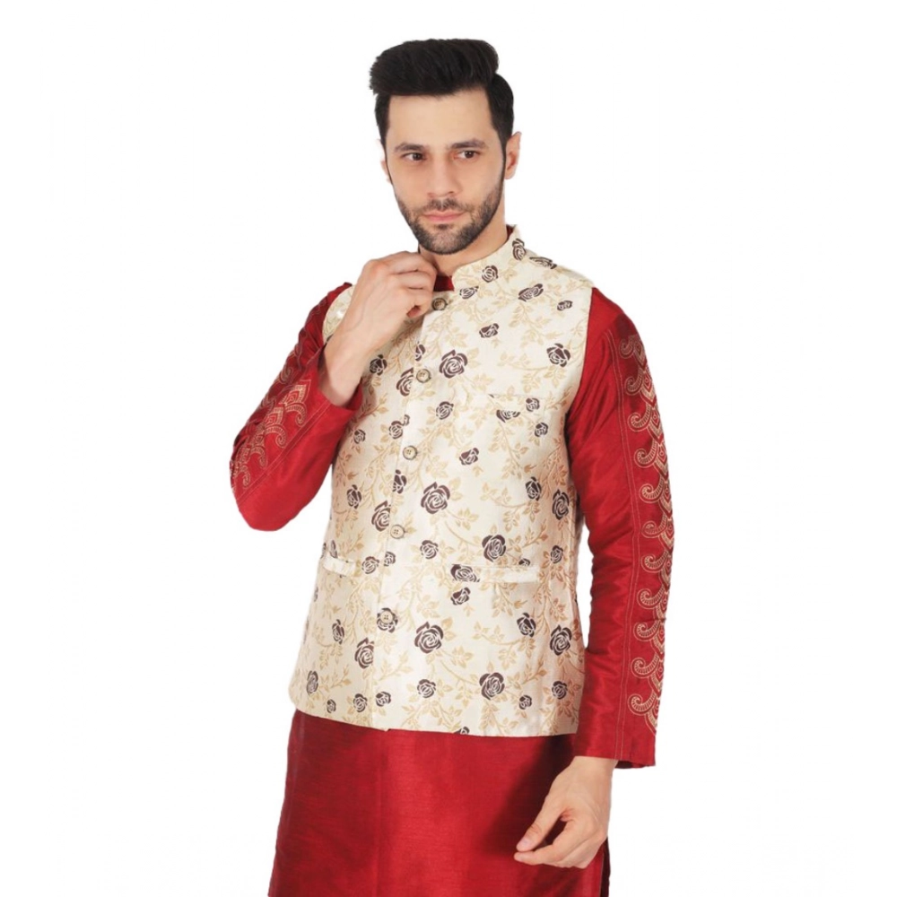 Men's Jacquard Self-Design Sleeveless Mandarin Neck Waistcoat (Cream)