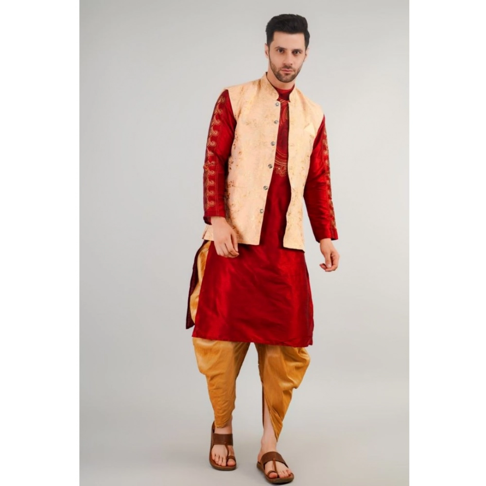 Men's Jacquard Self-Design Sleeveless Mandarin Neck Waistcoat (Beige) - Image 3