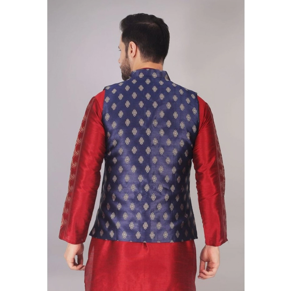 Men's Jacquard Self-Design Sleeveless Mandarin Neck Waistcoat (NavyBlue-Gold) - Image 5